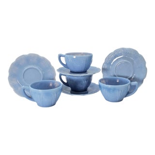 Jeannette Delphite Cherry Blossom Tea Cups and Saucers, Set of 8 (1930s–40s) For Sale