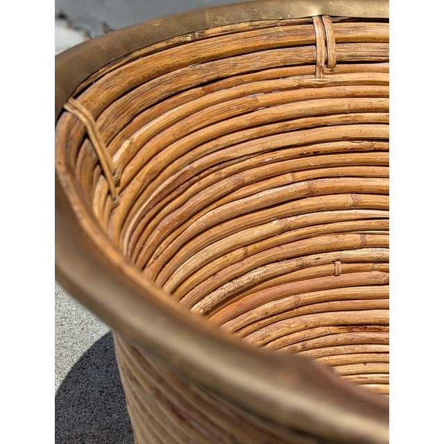 Rattan & Brass Planter / FloorVessel For Sale - Image 4 of 5