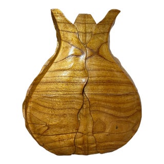 Large Vintage Hand Carved Wood Veggie Cabbage Lettuce Figural Vase Sculpture For Sale