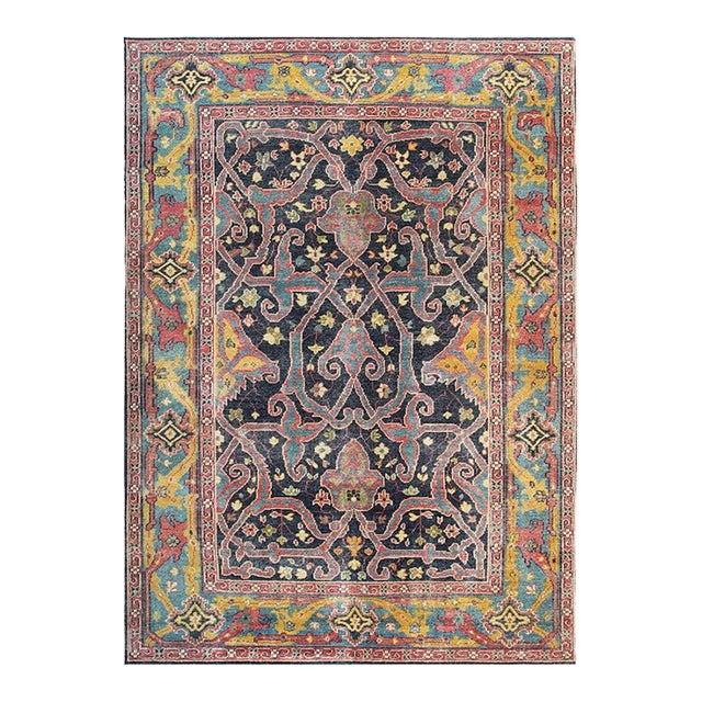 10x14 Blue Hand-Knotted Wool Floral Trellis Geometric Modern Carpet Rug For Sale