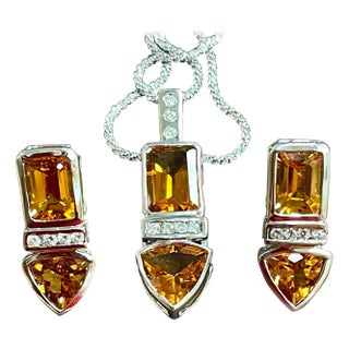 28 Carat Citrine & Diamond Pendant & Matching Earrings 14 Karat Gold Chain Set For Sale