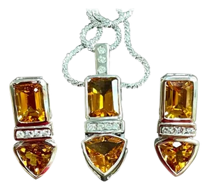 28 Carat Citrine & Diamond Pendant & Matching Earrings 14 Karat Gold Chain Set