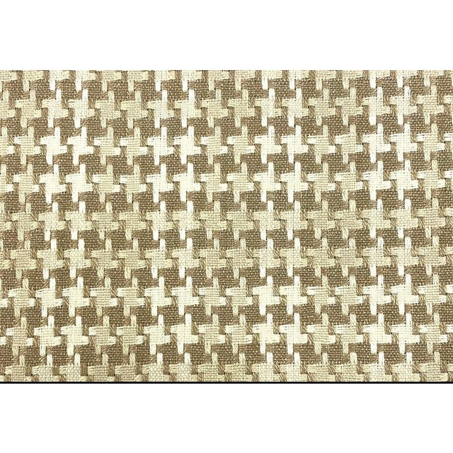 58" wide designer woven houndstooth linen upholstery fabric in beige and cream. Price is per yard.