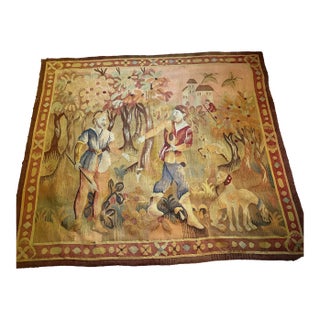Mid 20th Century Earth Tone Hunting Scene Wool Tapestry For Sale