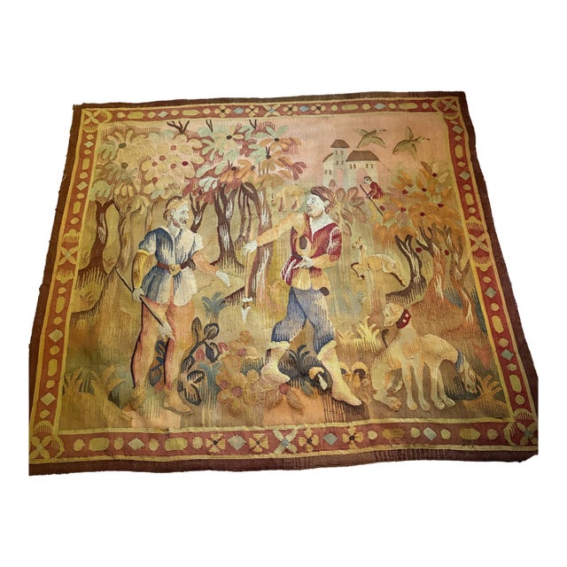 Mid 20th Century Earth Tone Hunting Scene Wool Tapestry For Sale