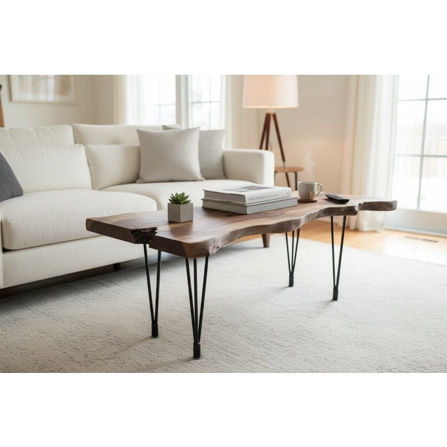 Contemporary Handcrafted Live Edge Black Walnut Coffee Table With Hairpin Legs For Sale - Image 3 of 18