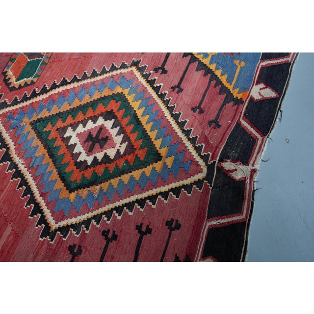 Raspberry Red 1920s Antique Tribal Geometric Rug Finely Woven Kilim Rug - 6’1” X 9’7” For Sale - Image 8 of 14