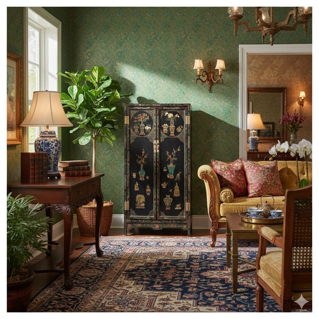 Vintage Oriental Black Lacquer Color Flower Vases Graphic Storage Cabinet For Sale - Image 10 of 11