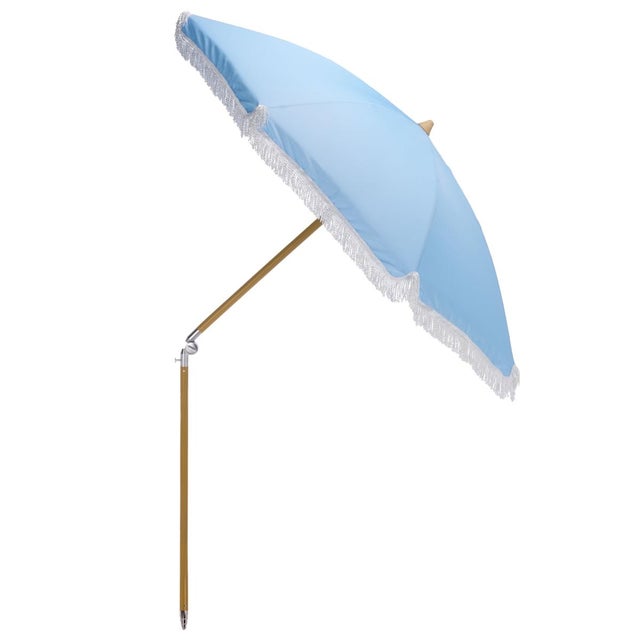 Metal Valencia 6.5 Ft Beach Fringed Umbrella, Baby Blue For Sale - Image 7 of 8