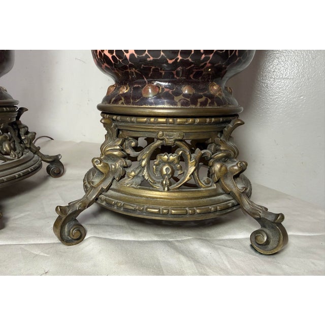 Rare Pair Antique 19th Century Hinks & Son Duplex Electrified Porcelain Bronze Oil Lamp For Sale - Image 11 of 15