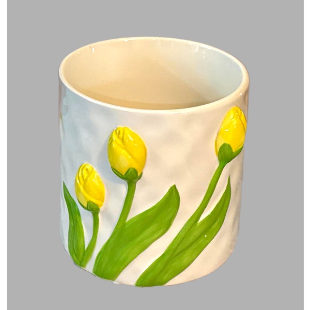 Shabby Chic Vintage Ceramic Planter With Hand Painted Tulips For Sale - Image 3 of 10