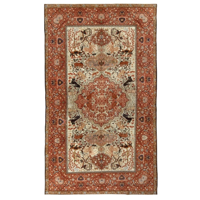 Hand-Knotted Antique Tabriz Style Rug, Red, Beige-Brown Pictorial Hunting Rug For Sale In New York - Image 6 of 6
