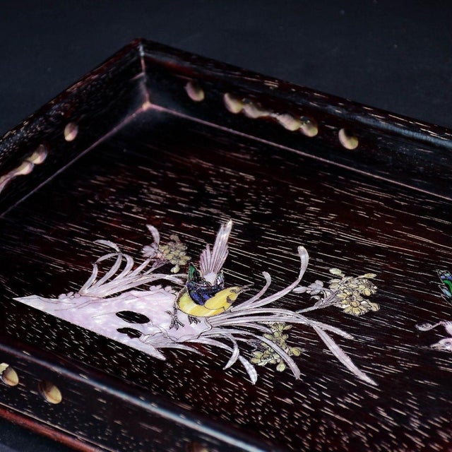 Brown Vintage Zitan Wood Tray With Mother-of-Pearl Bird & Floral Inlay For Sale - Image 8 of 9