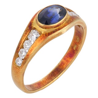 Vintage Sapphire Diamond 18k Yellow Gold Ring, Size 4.25 For Sale