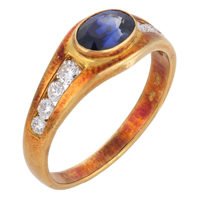 Vintage Sapphire Diamond 18k Yellow Gold Ring, Size 4.25 For Sale