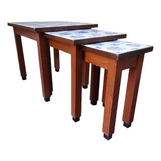 Vintage Wood Cigognes Nesting Tables with Blue Ceramic Tiles, 1950s, Set of 3 For Sale