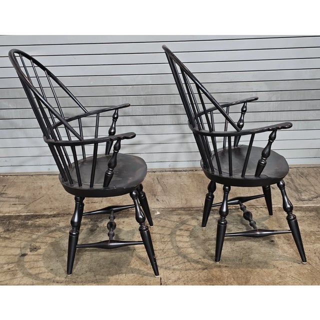Wood Pair of Warren Chair Works Sack Back Windsor Arm Chairs Bench Made Black Finish For Sale - Image 7 of 10