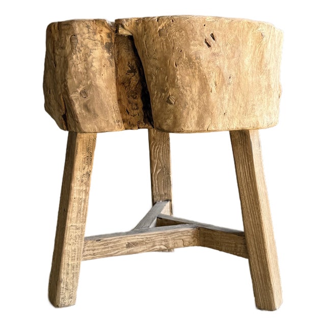 Vintage Elm Wood Chop Block Table #O94 For Sale