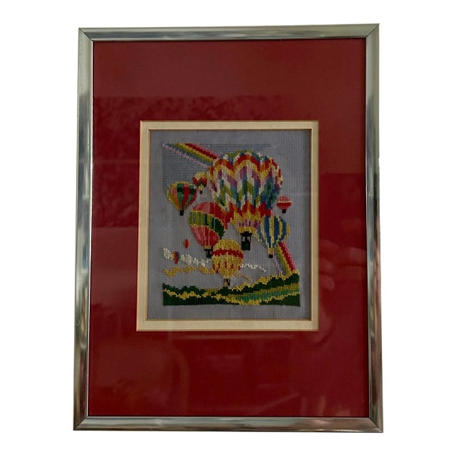 Folk Art Hot Air Balloons Needlepoint, Framed For Sale