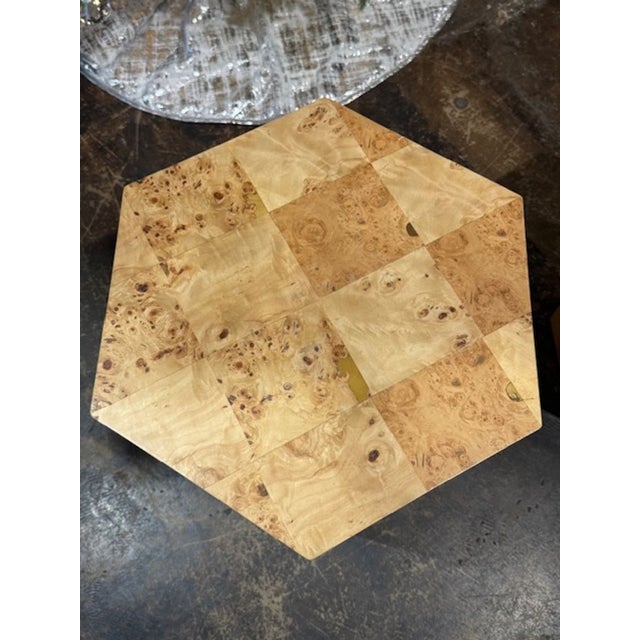 Early 21st Century Pair of Italian MCM Burl Elm Hex Tables For Sale - Image 5 of 6