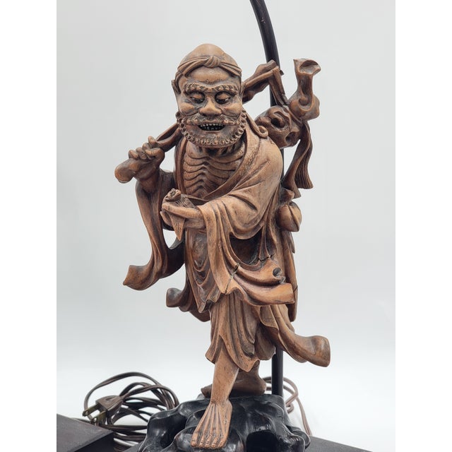 Pair of Antique C 1910's Chinese Handcarved Boxwood Statues Made Into Lamps With Shades For Sale In Houston - Image 6 of 11