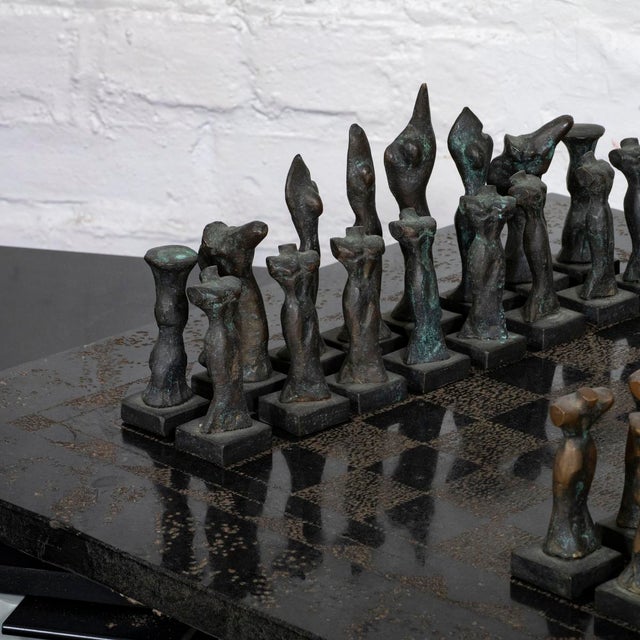 Brutalist style bronze and marble chess set For Sale - Image 12 of 15
