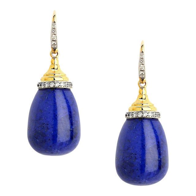 Syna Lapis Lazuli Yellow Gold Drop Earrings with Diamonds, a Pair For Sale