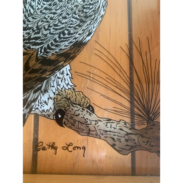 Late 20th Century Reverse Painting on Glass of Great Horned Owl on a Pine Branch For Sale - Image 6 of 6