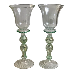 Vintage 1970’s Art Glass Wine Goblets Hand Blown Green Gold Venetian Styled After Salviati Murano - a Pair