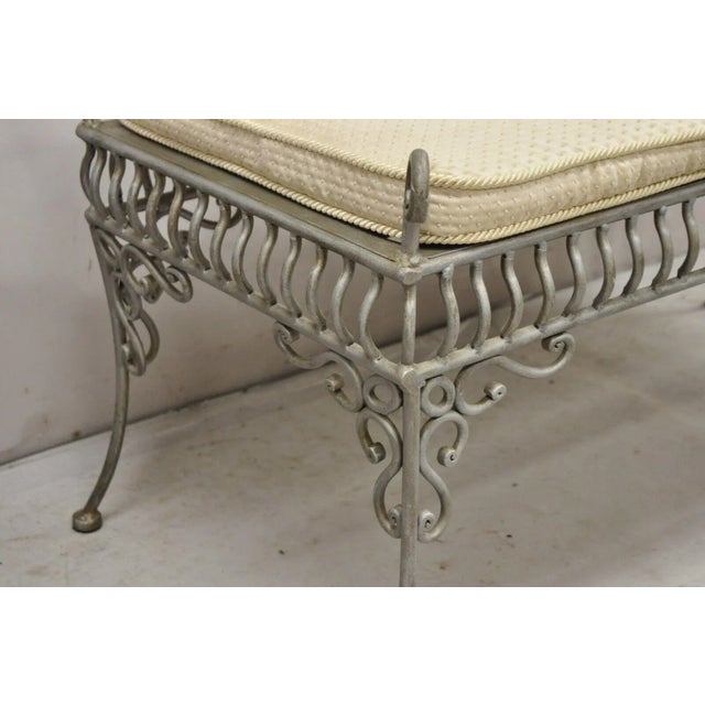 Late 20th Century Late 20th Century Decorator Wrought Iron Scrolling French Country Style Gray Lattice Bench For Sale - Image 5 of 12