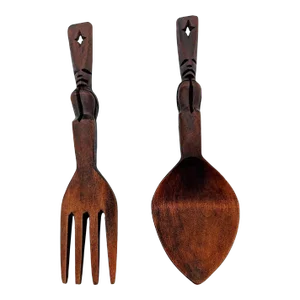 Vintage African Carved Fruitwood Large Scale Fork and Spoon, Set of 2