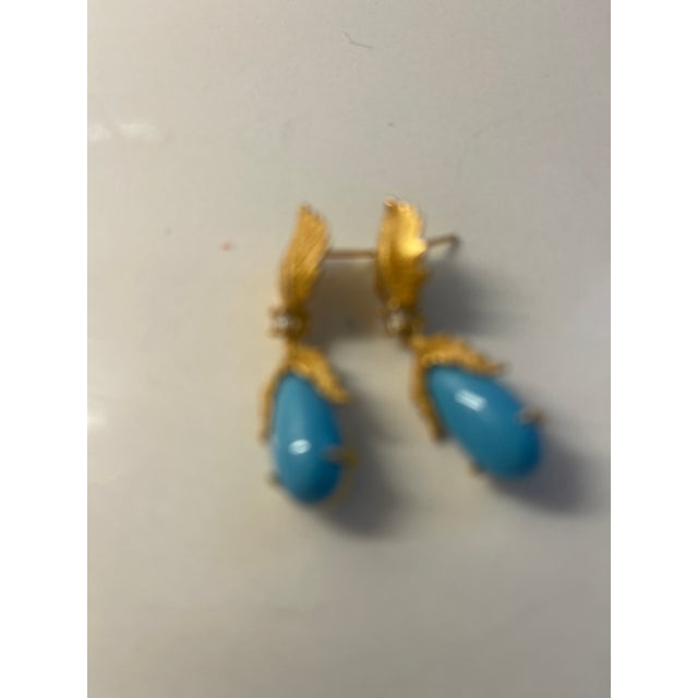 delicate leaf drop turq/gold pierced earings with matching seed pearl necklace 16".
