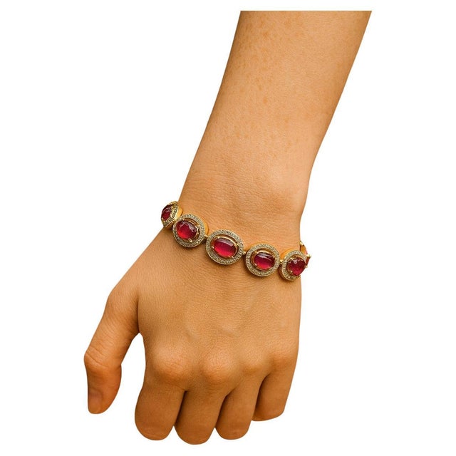 Bochic “Capri” Vintage Natural Ruby & Diamond Bracelet Set In 18K & Silver Natural Red Ruby - 24 Carats Natural White...