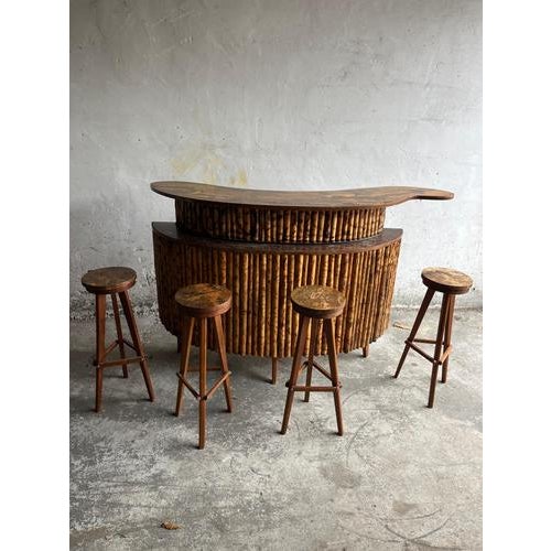 Mid-Century Handcrafted Bamboo Tiki Bar and Stools, Set of 5 For Sale - Image 5 of 14