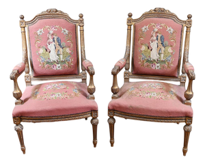 French Neoclassical Gilt Armchairs with Romantic Upholstery, Set of 2