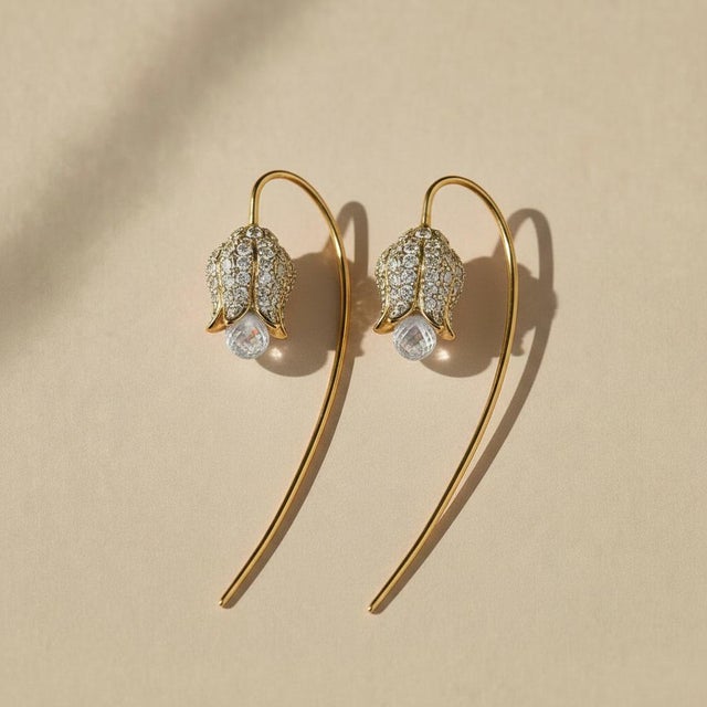 Silver, Gold Lily Flower Earrings With Rock Crystal Briolettes, Pair For Sale - Image 4 of 8