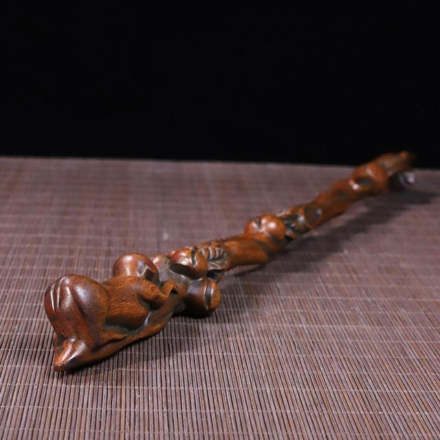 Vintage Chinese Huali Rosewood Back Scratcher | Carved Monkey & Peach Motif For Sale - Image 4 of 8