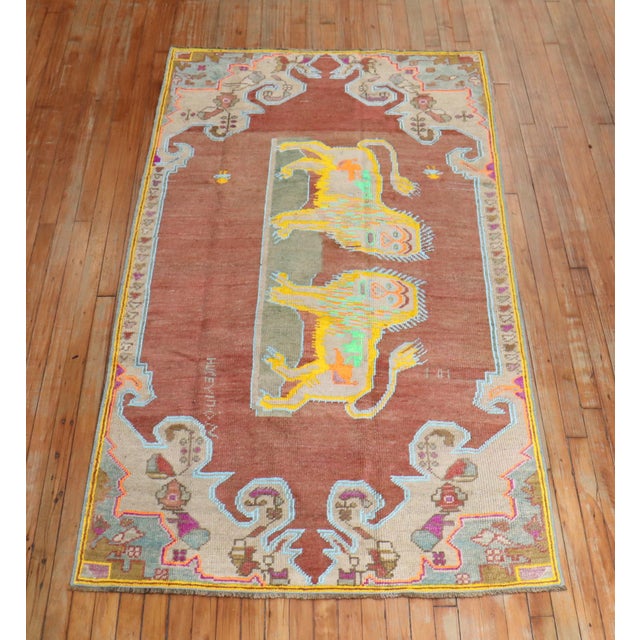 Mid 20th Century Colorful Lion Pictorial Turkish Accent Rug - 4' x 7'7" For Sale - Image 17 of 18
