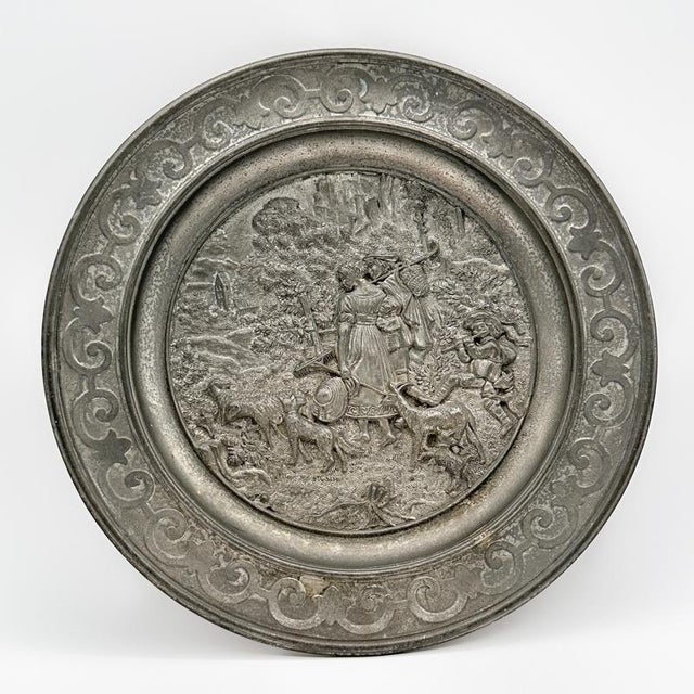 Early 20th Century Antique Sks Zinn Pewter Hanging Plate, Germany with Farming Sheppard Scene For Sale - Image 5 of 12