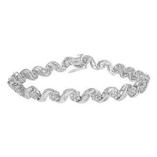 10K White Gold 2.00 Cttw Round-Cut and Baguette-Cut Diamond Floral Design Swirl Link 7" Bracelet (I-J Color, I1-I2 Clarity) For Sale