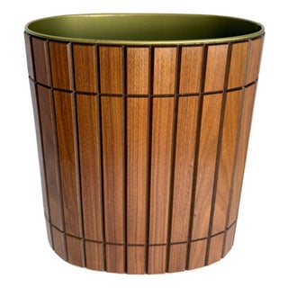 1960s Ransburg Wood Slat & Gold Metal Oval Wastebasket For Sale
