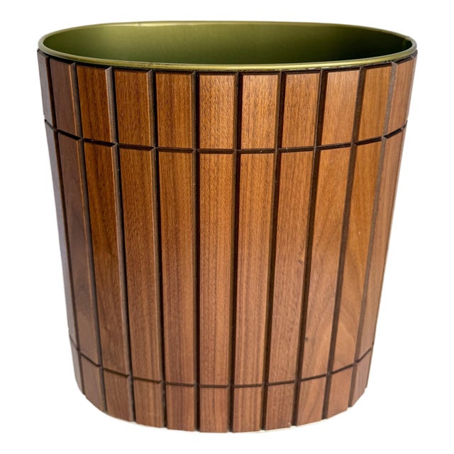 1960s Ransburg Wood Slat & Gold Metal Oval Wastebasket For Sale