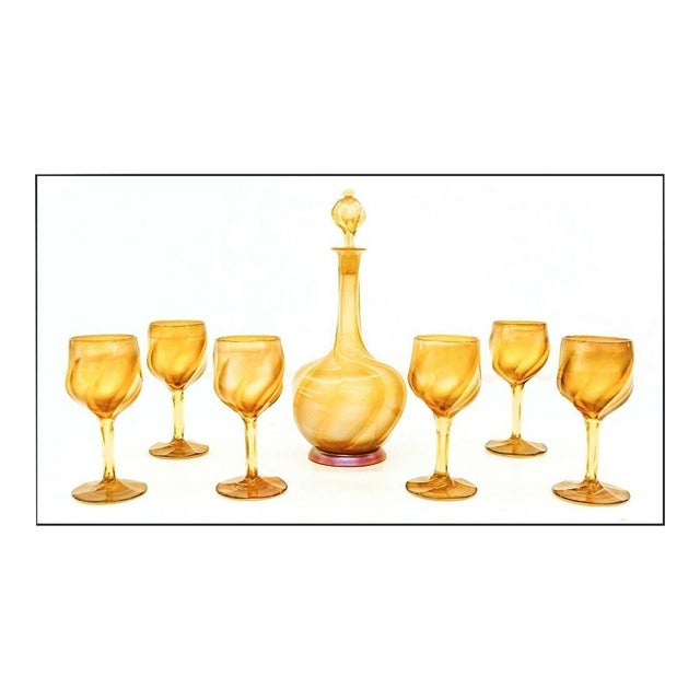 Early 20th Century Louis Comfort Tiffany Favrile Glass Decanter and Cordial set, Louis Comfort Tiffany - 7 pcs For Sale