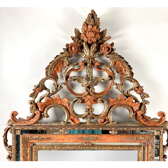 Pair of Antique Venetian Fancy Paint-Decorated Mirrors in Peach and Gold For Sale In Boston - Image 6 of 6