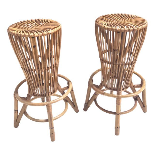 Vintage Round Bamboo Stools from Tito Agnoli, 1960s, Set of 2 For Sale