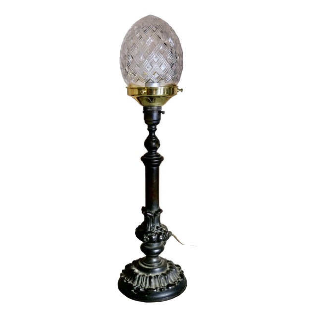 Victorian Bronze Lamp with Diamond Cut Crystal Shade For Sale