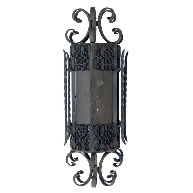 Mid 20th Century Spanish Revival Curly Iron Lantern with Smokey Gray Glass Panels For Sale - Image 4 of 8