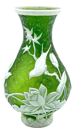 Chinese Peking Glass Bird & Floral Vase, Signed
