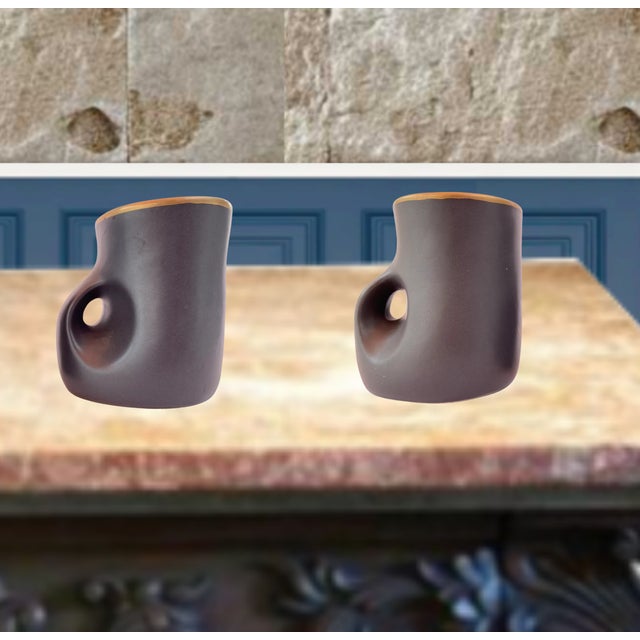 Mid-Century Vallauris Black White Floral Blossoms Terracotta Mugs- A Pair For Sale - Image 15 of 18