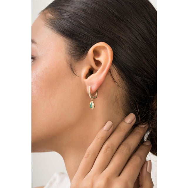 Metal Art Deco Emerald & Diamond Halo Drop Leverback Earrings in 14k Gold- 2 Pieces For Sale - Image 7 of 11